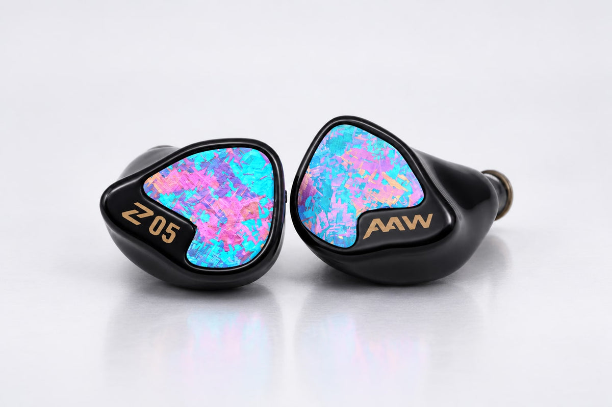 AAW Z05 universal IEMs, iridescent faceplates on glossy black shells with gold Z05 and AAW marks