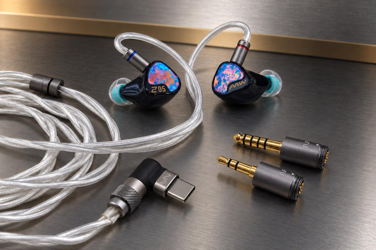 AAW Z05 on the Ethos Ultra cable, with the swappable 4.4 mm, 3.5 mm and USB-C DAC plugs