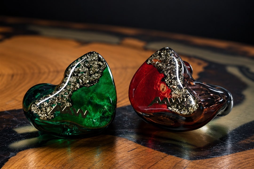 AAW custom IEM finish example: green and red burl wood faceplates with gold foil
