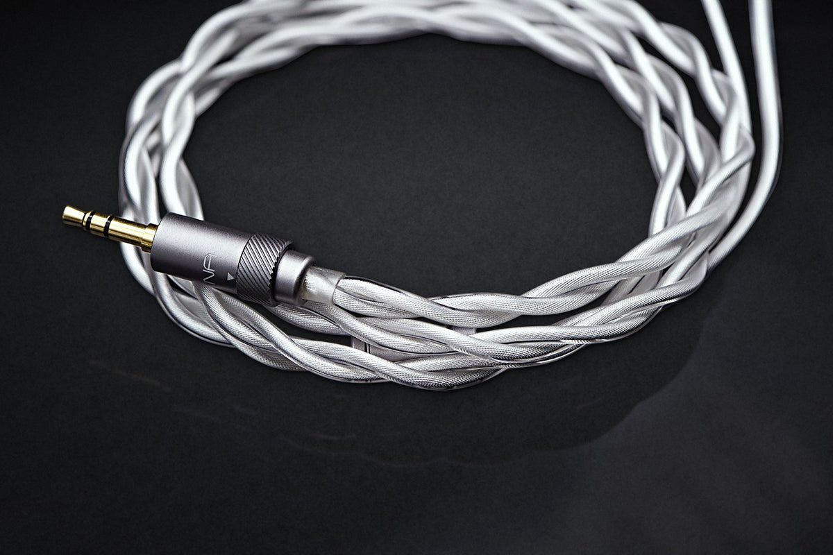 Ethos Ultra braided cable coiled around the screw-locking 3.5 mm player plug