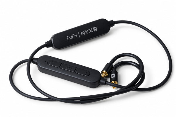 Nyx3 wireless IEM cable, coiled, with the NA | NYX3 module and three-button in-line remote