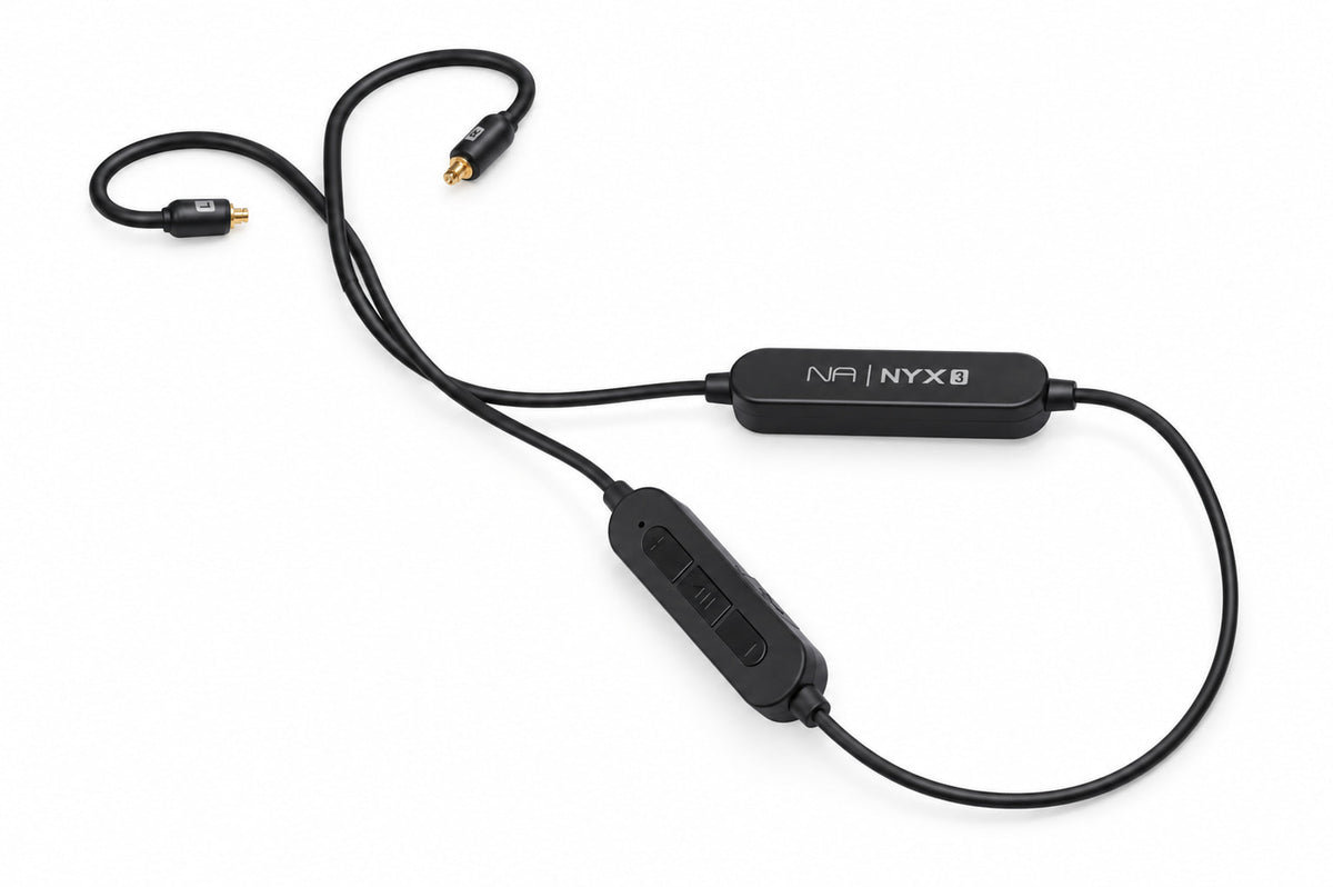 Nyx3 Bluetooth IEM cable laid out in full: ear hooks, connectors, logo module and in-line remote
