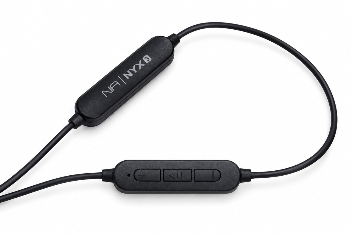 Nyx3 logo module and three-button remote on the cable loop